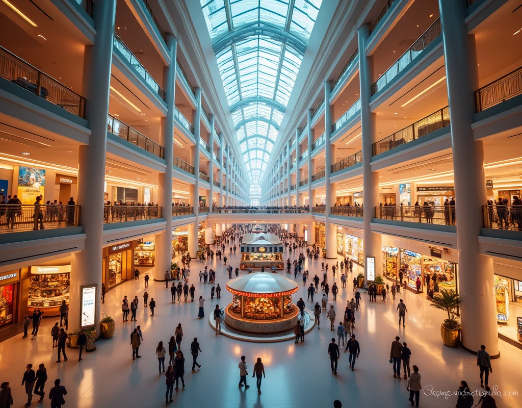 A large, impressive shopping mall, commercial and entertainment facilities, high-quality 8k, photo-realistic, cinematic lighting, beautiful details, dynamic composition, intricate architecture, crowds of people, vibrant colors, sense of scale, modern aesthetic, elegant interior design, luxury brand stores, food court, cinema, arcade games, pristine cleanliness, warm lighting, reflective surfaces, bustling atmosphere, incredible depth of field, stunning visual impact