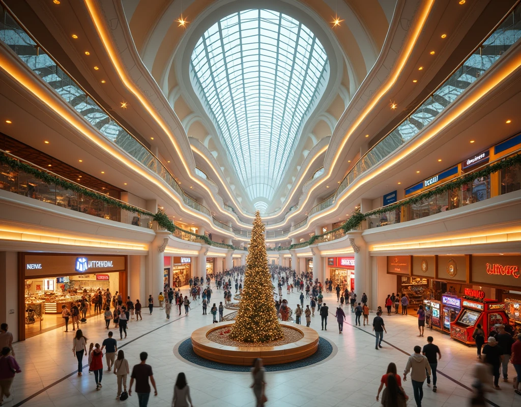 A large, impressive shopping mall, commercial and entertainment facilities, high-quality 8k, photo-realistic, cinematic lighting, beautiful details, dynamic composition, intricate architecture, crowds of people, vibrant colors, sense of scale, modern aesthetic, elegant interior design, luxury brand stores, food court, cinema, arcade games, pristine cleanliness, warm lighting, reflective surfaces, bustling atmosphere, incredible depth of field, stunning visual impact