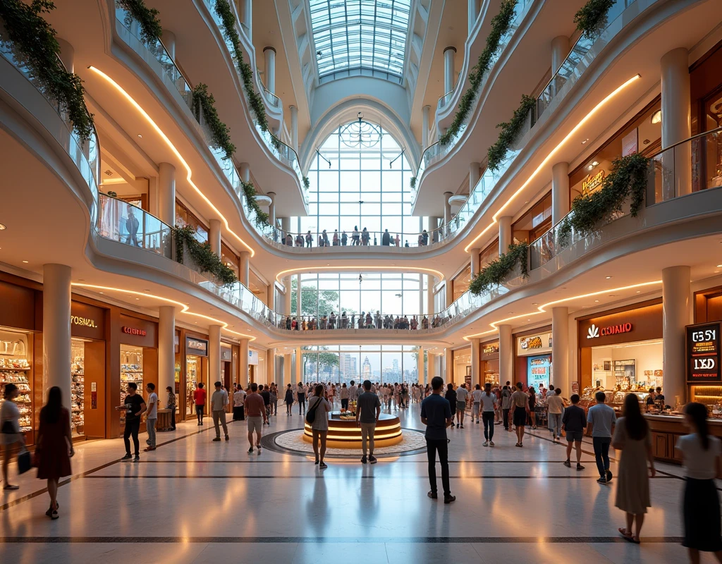 A large, impressive shopping mall, commercial and entertainment facilities, high-quality 8k, photo-realistic, cinematic lighting, beautiful details, dynamic composition, intricate architecture, crowds of people, vibrant colors, sense of scale, modern aesthetic, elegant interior design, luxury brand stores, food court, cinema, arcade games, pristine cleanliness, warm lighting, reflective surfaces, bustling atmosphere, incredible depth of field, stunning visual impact