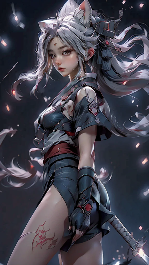 Moisturized Skin, (Red eyes), Realistic body, (Adult female body), Energetic, (), (),3DCG, 
break,
Bright red lipstick, (Beautiful belly button), (Silver Hair), ((Cat ear)), Beautiful Hair, (Hatake Kakashi's clothes: 1.3),
break,
((masterpiece + Highest quality + High resolution + Very detailed)), (whole body: 1.2), Symmetric, One shot,
break,
(Electric shock), (The wind is blowing), (Blue electricity), (Combat Ready: 1.4),
break,
(Big Japan sword), Ninja, In the mansion, assassination, cut, Kunai, Fantasy, dynamic,