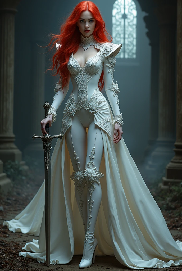 Arafed, action shot, Dark fantasy art, fantasy art, goth art, a picture of a female vampire, exquisite beauty, full body shot, dark glamour shot, pale white skin, red hair, long hair, wavy hair, dynamic eyes color eyes, glowing eyes, she wears a ((white: 1.3)) white tight suit, Armored Dress, she holds a sword in hand, (ready for battle: 1.4), (stiletto high heels), dark castle, dark, black and color, Dark Art Painting Style, flower dress, dark novel, flower dress