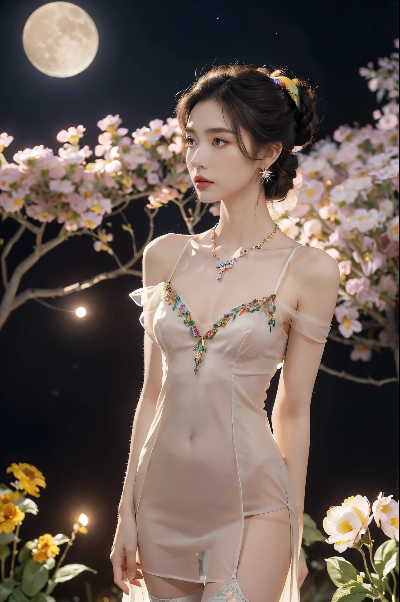 (((best quality))),(((ultra detailed))),(((masterpiece))),illustration,((1 beautiful girl,solo)),(neat chignon:1.2),((earrings,crystal necklace)),((slim,thin)),((small breasts,flat chest)),(slender legs:1.2),(stockings:1.3),(a moon in the clear night sky as the background:1.3), gentle glow,(Standing in the world full of vibrant flowers:1.3),(arms behind back:1.2),(gorgeous sheer dress:1.3),sparkling eyes,graceful,(surrounded by crowded colorful flowers:1.5), kaleidoscope, shimmer,bright moonlight, delicate petals, fragrance, otherworldly, magical realm, enchantment, tranquility, essence of beauty, peace,(outdoor:1.),(night scene:1.3),((from front,upper body))