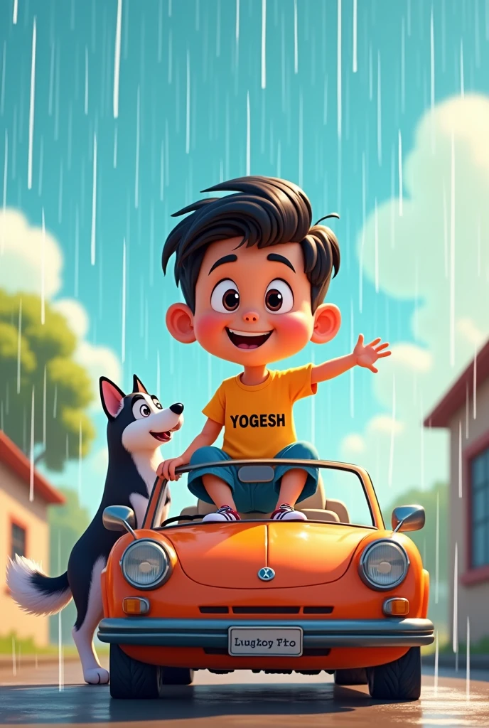 1 boy sit on the car and enjoy rain his name is yogesh write the t shirt and his hand 1 dog name is husky  2d cartoon