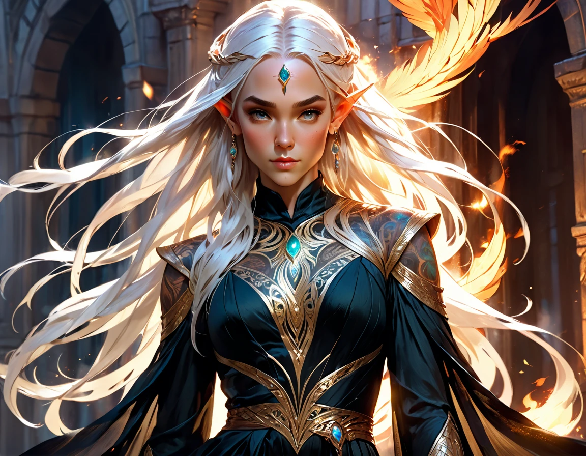 watercolor art, fantasy art, goth art, a picture of a tattoo on the back of a female elf, a glowing tattoo of a ((phoenix: 1.5)) on the elf's back, the ((phoenix tattoo)) is vivid, intricate detailed coming to life from the ink to real life, ((fire surrounds the phoenix: 1.5)), shoot taken from the back, ((the back is visible: 1.3), a most beautiful elf, exquisite beauty, small pointed ears, long hair, she wears a transparent black dress, the dress is elegant, flowing, elven style, that the tattoos glow, dynamic hair color, dynamic hair style, rpg portrait