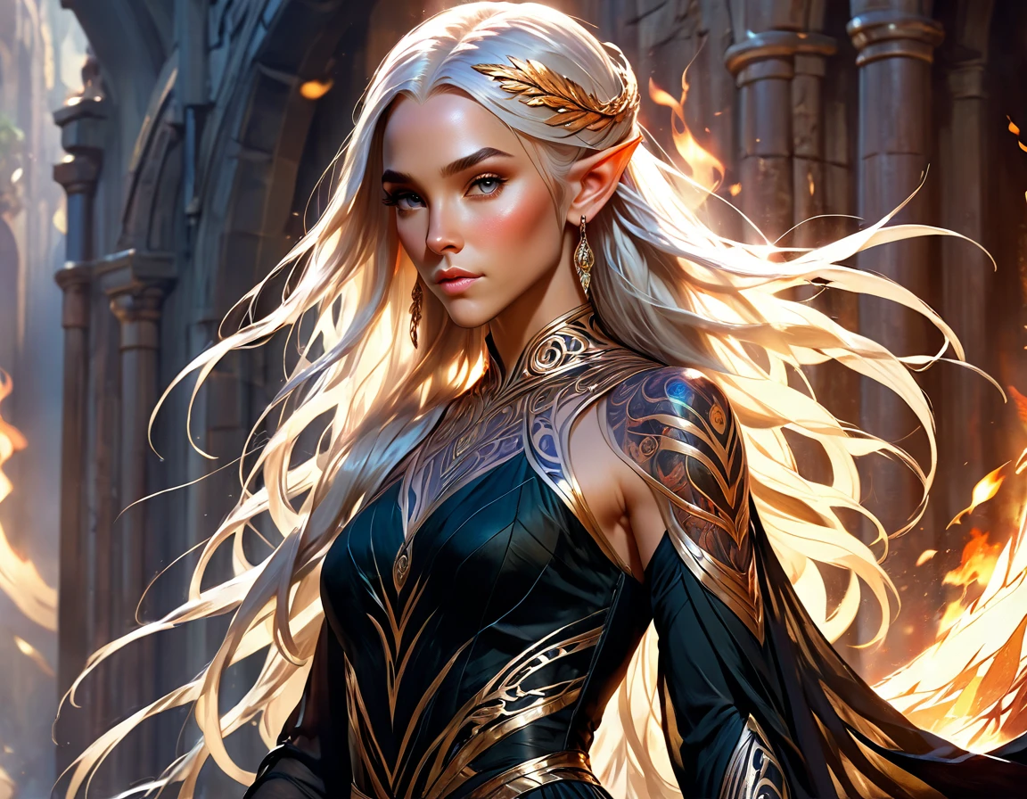 watercolor art, fantasy art, goth art, a picture of a tattoo on the back of a female elf, a glowing tattoo of a ((phoenix: 1.5)) on the elf's back, the ((phoenix tattoo)) is vivid, intricate detailed coming to life from the ink to real life, ((fire surrounds the phoenix: 1.5)), shoot taken from the back, ((the back is visible: 1.3), a most beautiful elf, exquisite beauty, small pointed ears, long hair, she wears a transparent black dress, the dress is elegant, flowing, elven style, that the tattoos glow, dynamic hair color, dynamic hair style, rpg portrait