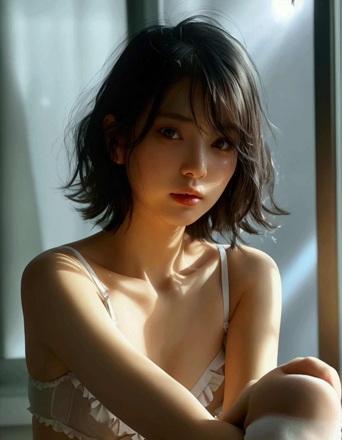 (8k, Realistic: 1.4, Raw photo, Best image quality: 1.4),Japanese idol-style beautiful girl,1,(Short Bob),(Black Hair),Hang your hair over your ears,Large, clear gray eyes,Long eyelashes,Translucent, finely textured skin,No makeup,cheek(healthy complexion),lips(Plump),thin long neck,Thin and delicate shoulders,(bra(White,Frills,race)),toned thin waist,(Panties(White,Frills,race)).Waking up.Sitting in Hu Sitting,Arms folded behind head,I&#39;m stretching my back.,The morning sun shines on her face,Scenery of the morning sun shining through the window,Snap a full body shot