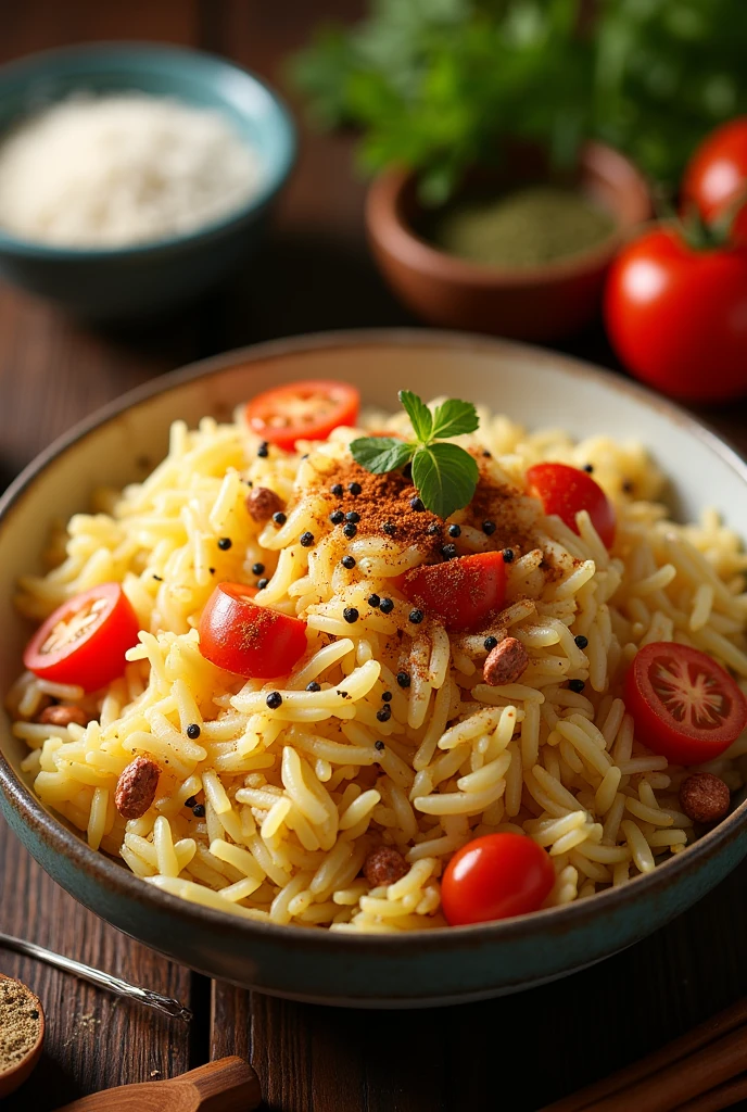 Add in a pan Chopped small pieces of onoin and small chopped pieces of tomato and add salt, black pepper powder red chilli powder now add boiled rice