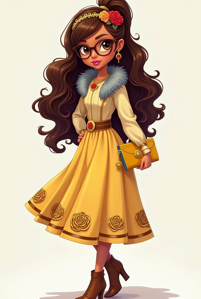 Imagem da filha da Ramona Badwof e da Rosabella Beauty de Ever After High: You must have long, curly brown hair with bangs and red highlights., loose ponytail, Light brown skin, brown glasses with a red rose, Light yellow long blouse with rose designs, golden skirt with golden roses, a faux fur collar around the neck of gray color, brown heeled boot with roses, golden flower tiara on her head and a yellow tablet with a red rose on her arms and a golden wolf pendant