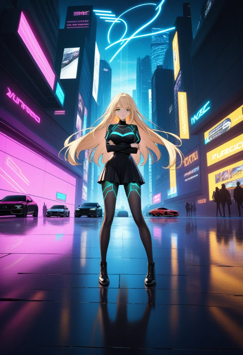 (high quality,Very detailed, High resolution), woman, (Very long hair:), Blonde、 blue eyes, Yellow Eyes, Large Breasts, Incontinent Standing, Long tight dress, arms crossed, Embarrassing、 humiliation, anger, (blush:1.5), Open your mouth, Cyberpunk Style, Cyberpunk Cityscape, Neon Light, High-tech accessories, Attention to detail, (Very detailedな目), Glowing LED pattern, Cityscape, Futuristic elements, Mysterious Aura, ,Flying cars run in the air, Holographic Advertising, Visually stunning architecture, Energetic and dynamic poses, Gives off a powerful aura, The cityscape reflected in her metallic eyes, Graceful movement amidst chaos, Moonlit sky with futuristic colors, Pulsating Electronic Soundtrack, Enhanced Augmented Reality Overlays, Interacting with virtual objects in the environment