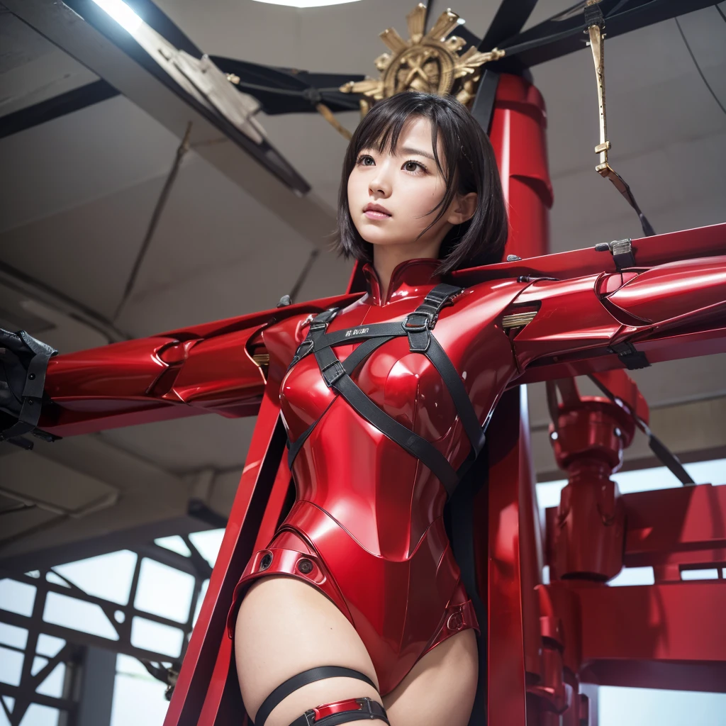 Highest quality,masterpiece,Ultra-high resolution, Very detailed, 8k,(Beautiful woman),Beautiful Japanese Women:1.5,Black Hair、((Crucifixion)),torture,slave,((クロスにCrucifixionにされた女性:1.5)),Crucifixion刑, Type X, (Shiny red robot suit, Military Harness, Plump, Slightly thicker)