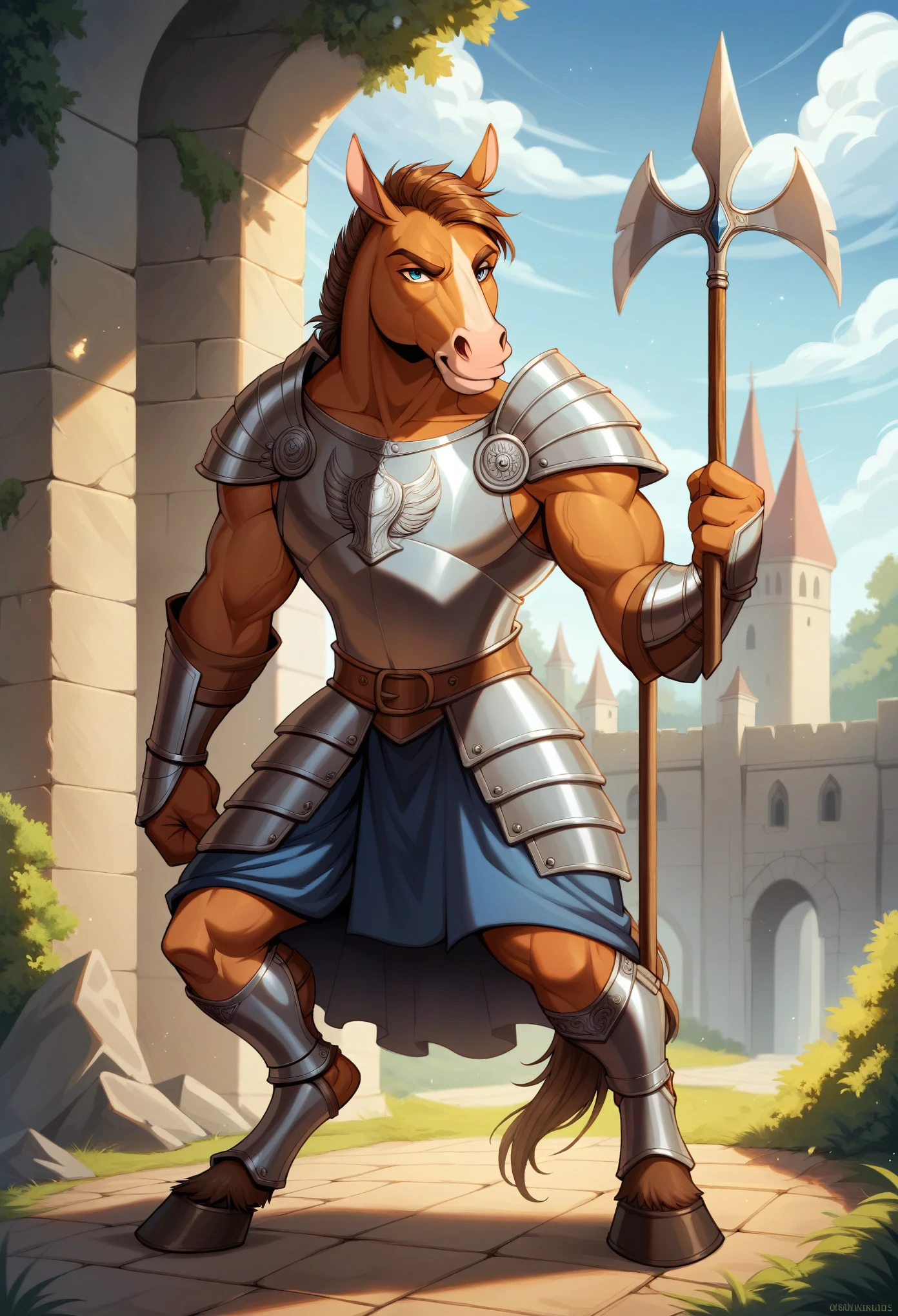 rating_safe, score_9, score_8_up, score_7_up, score_6_up, score_5_up, score_4_up, hires, source_furry, Castle, absurdres, Perfect Anatomy, Beastman, Solo Focus, horse Anthro, Gatekeeper, Armor, Spear, Medieval Warrior(Dense and Detailed Muscles)Full Body, Fighting Pose, 