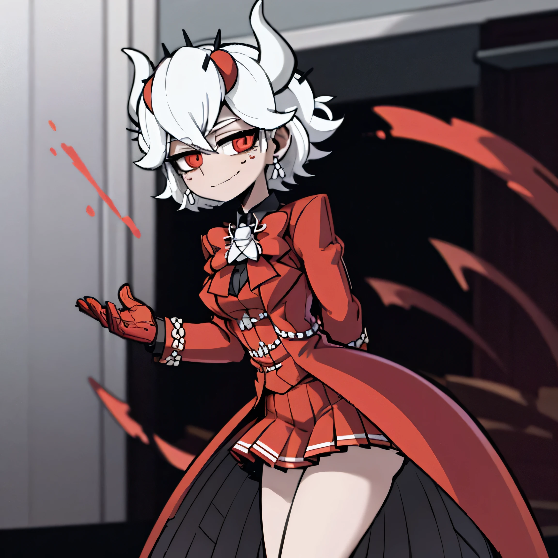 beelzebub(helltaker), red bowtie,1girl, looking at viewer, red eyes, demon horns, white hair, smile, earrings, closed mouth, demon girl, red gloves, gloves, jewelry, horns, white horns, solo, hair between eyes, cowboy shot, solo, short hair, school uniform, skirt, standing, leaning forward, arms behind back, smile, classroom