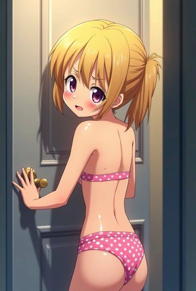 blonde anime girl, in her pink polka dot underwear, knocking on locked bathroom door, panicked, desperate to pee, desperate to pee, crying, desperate to pee
