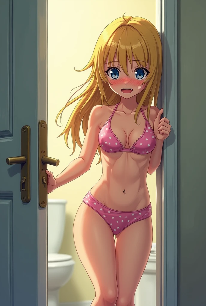 blonde anime girl, in her pink polka dot underwear, knocking on locked bathroom door, panicked, desperate to pee, desperate to pee, crying, desperate to pee