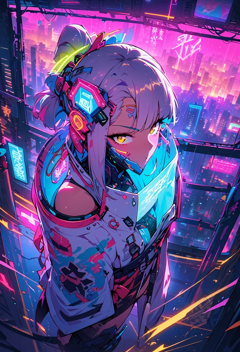 (best quality), (ultrafein), (​masterpiece), Illustration, a girl,China-Samurai,cyberpunk, （cyberpunk，Samurai-Costume，Cybernetic implants），Hair Accessories, bright colours，dynamic lighting，neon lights，shining city skyline，holographic projection，Fashionable clothing of the future，a mix of traditional and modern elements，Avantgardistisches Make-up，exquisite hairstyle，Self-confidence and determination，Urban environment，Heavy rain，Reflection on wet road，Metall Textur，Mechanical Armor, gorgeous accessories，High-Tech-Gadgets，Impressive cybernetic improvements，Clear focus，Grumpy Details, Overclocked rendering, Cinematic edge light, fine light, ​masterpiece, super Details, epic work, Ultra-High-Definition, good quality, 32K