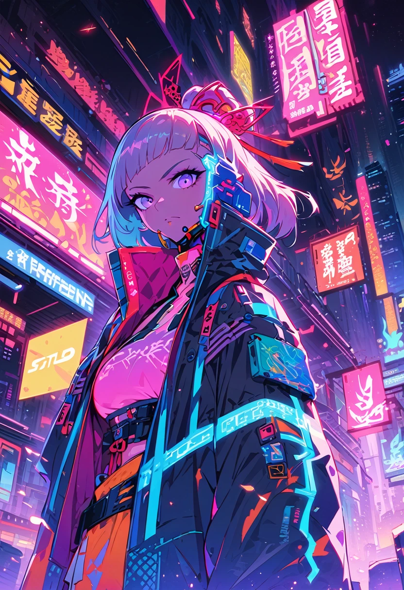 (best quality), (ultrafein), (​masterpiece), Illustration, a girl,China-Samurai,cyberpunk, （cyberpunk，Samurai-Costume，Cybernetic implants），Hair Accessories, bright colours，dynamic lighting，neon lights，shining city skyline，holographic projection，Fashionable clothing of the future，a mix of traditional and modern elements，Avantgardistisches Make-up，exquisite hairstyle，Self-confidence and determination，Urban environment，Heavy rain，Reflection on wet road，Metall Textur，Mechanical Armor, gorgeous accessories，High-Tech-Gadgets，Impressive cybernetic improvements，Clear focus，Grumpy Details, Overclocked rendering, Cinematic edge light, fine light, ​masterpiece, super Details, epic work, Ultra-High-Definition, good quality, 32K