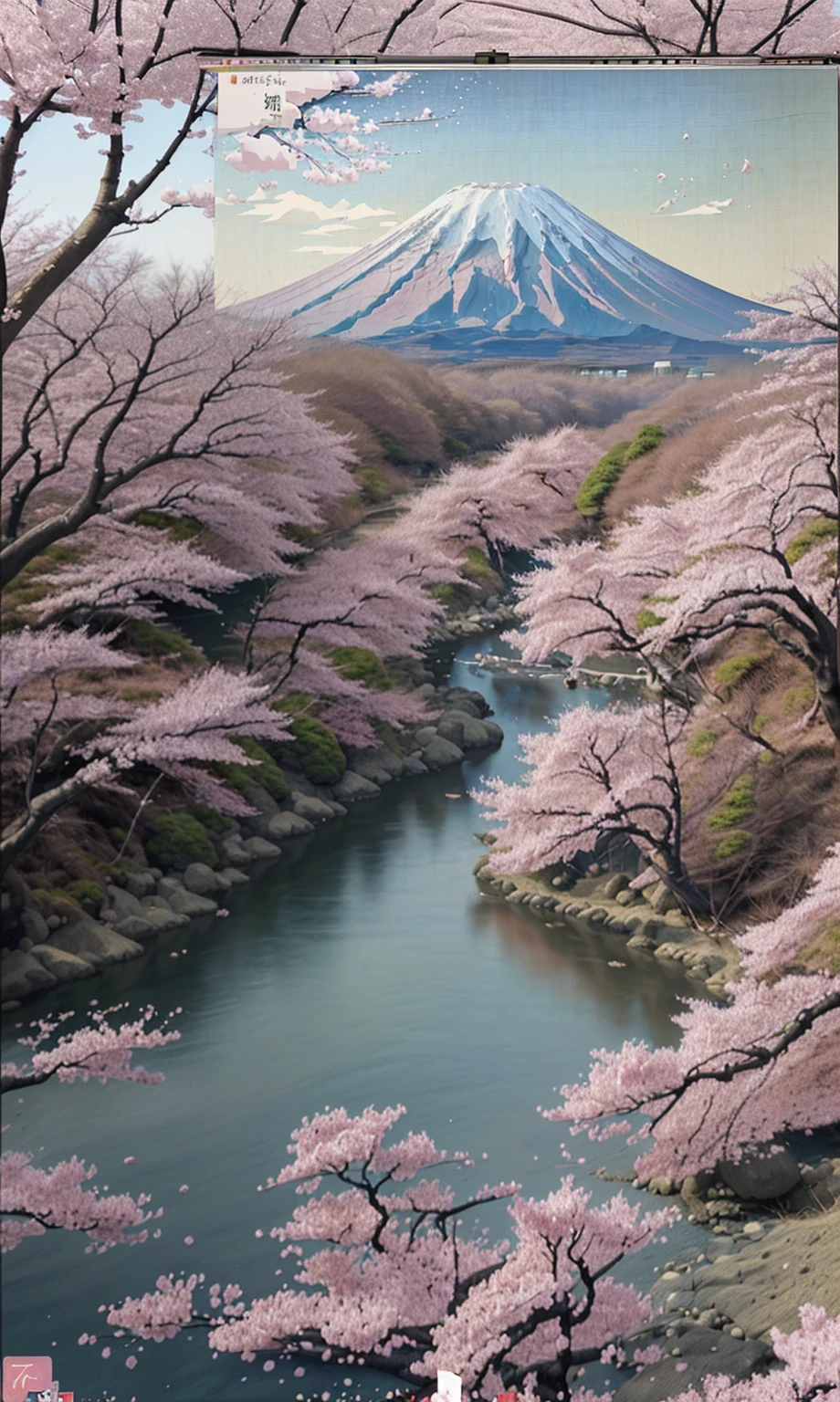 (digital painting), (best quality), generated from image, Mt. Fuji, cherry blossoms, river, Ukiyo-e art style, Hokusai inspiration
