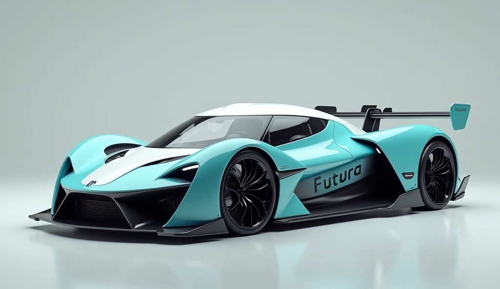 Shoot the car from, on at eye level, get 3 side views, and capture shots at 45-degree angle views of each corner of the car concept full body 150 degree to the camera view, hyper car classy model detailed symmetry, color aqua blue and white, on the car there is written word: FUTURA black font, future technology inspired by formula 1 electric and fighter jet f 22, hyper realistic, pose half body to camera 35 mm 8k uhd with tunnig wide base wheels and one huge turbine in the rare center, metal silver mesh shot microscopic photography