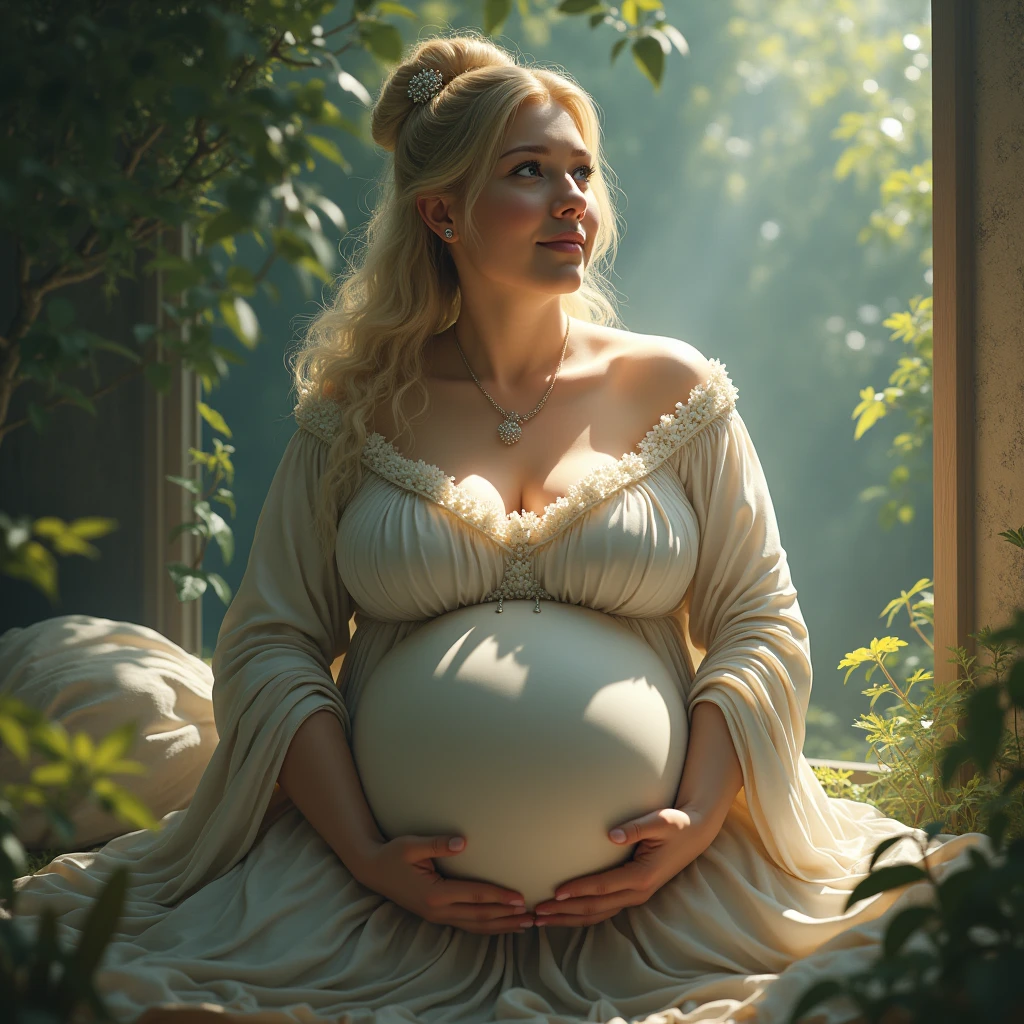 (best quality,4k,8k,highres,masterpiece:1.2),ultra-detailed, 1woman, polish goddess Dzidzilelia, AvaAdams, pale skin, grayish blue eyes, matronly dressed in brown gown, wide hips, large ample breasts swollen with milk, dark blond hair worn up, kind eyes, looking at viewer compassionately, loving smile on face, drawn in the style of Yoshitaka Amano, HDR, 8k, absurdres, cinestill 800, sharp focus