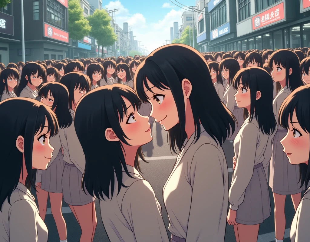 (((((Japanese Clone girls=Myself)))))), (((best masterpiece Clone girls Raw Photography Art))), (16K, Highest quality, Ultra-high resolution, RAW Photos), (((Unrealistic, Unparalleled depiction, An unbelievable sight, Unprecedented and shocking, In a world where myselves are multiplied, Ultra-realistic))), (((Japanese, woman, 26yo, Sasaki Nozomi))), (Small face, ((Thick black hair, Semi-long hair))), ((V-neck short-sleeve dress)), (((((Very beautiful detailed girls, Accurate body structure, Very detailed完璧な, A super busty body with very large breasts, Great proportions, super big breasts, Big, voluptuous breasts, The cleavage is very plump and emphasized))))), (((Dark Eyes, Mature face, Cute Smile, A gentle gaze, ((Very happy laughter))))), ((((((((Very detailedcloning描写, ((1Myself→cloning→1,000,000,000,000,000,000,000,000Myself)))))))))), ((((((((Very detailed, 寸分違いない緻密なMyself multiplication描写の, ((With the same perfectly MySelf body, With a face that is exactly the same as Myself, With the exact same hairstyle as Myself, In the exact same clothes as Myself, Perfectly the same height as Myself, The same super big breasts as Myself)))))))))), (((Myself only))), (((Very detailed, Myself multiplication, 1,000,000,000,000,000,000,000,000Myself→100,000,000,000,000,000,000,000,000,000,000,000,000,000,000Myself))), (((Walk freely))), (((Very detailed, (An embrace between self, Back to Back, Myself is here!, Fun conversation with others, Happy conversation with myself, Kissing each other anywhere, Doting on Myself, Myself holding hands)))), (Free pose), (Sexual seduction), (((Unbelievably crowded, Close contact between transcendent selves, Countless "myselves" completely surround me in 360 degrees))), (Bright and soft sunlight), (((Very wide field of view, Very detailed, Detailed ultra-perspective depiction with clear depth))), (((((A city with slopes))))), (((Countless "myselves" fill the city's main streets and scramble intersections.))), (((Myself will grow infinitely more and become super close together with no gaps, Myself is extended々They multiply in large numbers and spill out of the building's entrances and underground exits into the street, making it impossible to move., Myself exists infinitely and it's fun))), (Focus on the center of the group)