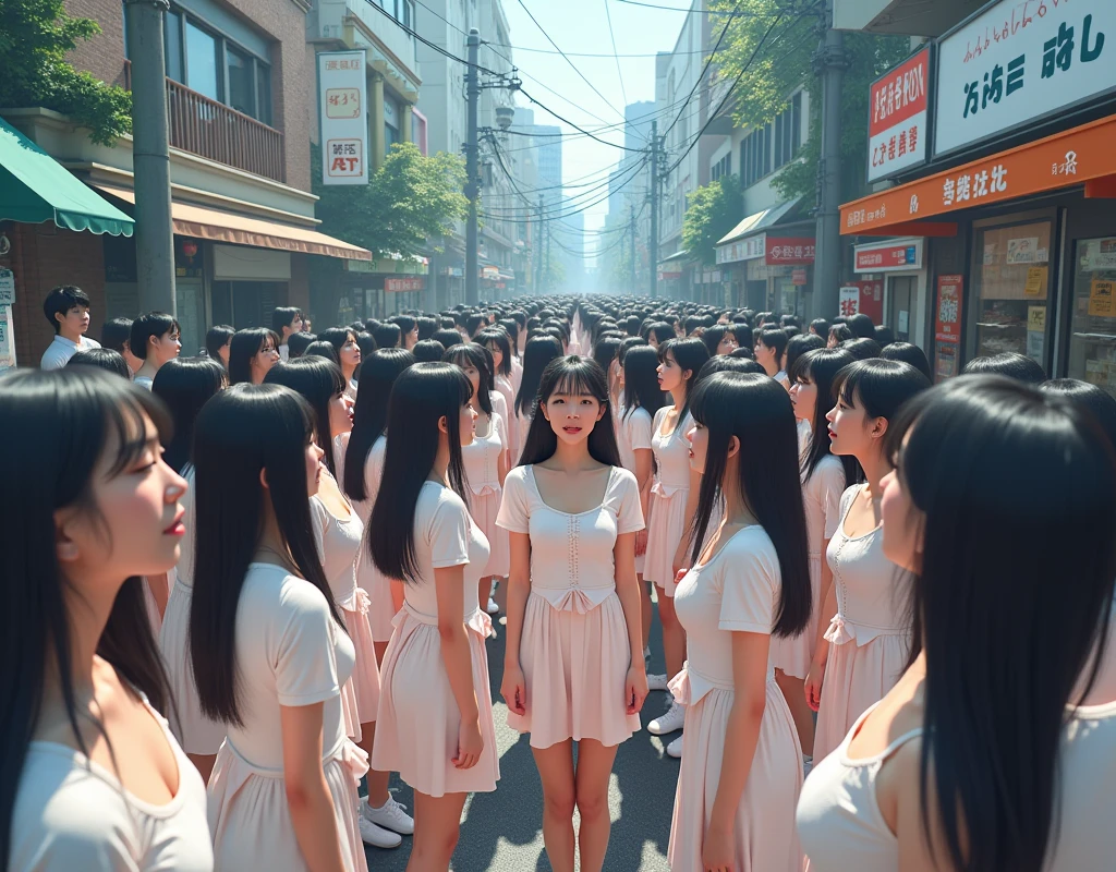 (((((Japanese Clone girls=Myself)))))), (((best masterpiece Clone girls Raw Photography Art))), (16K, Highest quality, Ultra-high resolution, RAW Photos), (((Unrealistic, Unparalleled depiction, An unbelievable sight, Unprecedented and shocking, In a world where myselves are multiplied, Ultra-realistic))), (((Japanese, woman, 26yo, Sasaki Nozomi))), (Small face, ((Thick black hair, Semi-long hair))), ((V-neck short-sleeve dress)), (((((Very beautiful detailed girls, Accurate body structure, Very detailed完璧な, A super busty body with very large breasts, Great proportions, super big breasts, Big, voluptuous breasts, The cleavage is very plump and emphasized))))), (((Dark Eyes, Mature face, Cute Smile, A gentle gaze, ((Very happy laughter))))), ((((((((Very detailedcloning描写, ((1Myself→cloning→1,000,000,000,000,000,000,000,000Myself)))))))))), ((((((((Very detailed, 寸分違いない緻密なMyself multiplication描写の, ((With the same perfectly MySelf body, With a face that is exactly the same as Myself, With the exact same hairstyle as Myself, In the exact same clothes as Myself, Perfectly the same height as Myself, The same super big breasts as Myself)))))))))), (((Myself only))), (((Very detailed, Myself multiplication, 1,000,000,000,000,000,000,000,000Myself→100,000,000,000,000,000,000,000,000,000,000,000,000,000,000Myself))), (((Walk freely))), (((Very detailed, (An embrace between self, Back to Back, Myself is here!, Fun conversation with others, Happy conversation with myself, Kissing each other anywhere, Doting on Myself, Myself holding hands)))), (Free pose), (Sexual seduction), (((Unbelievably crowded, Close contact between transcendent selves, Countless "myselves" completely surround me in 360 degrees))), (Bright and soft sunlight), (((Very wide field of view, Very detailed, Detailed ultra-perspective depiction with clear depth))), (((((A city with slopes))))), (((Countless "myselves" fill the city's main streets and scramble intersections.))), (((Myself will grow infinitely more and become super close together with no gaps, Myself is extended々They multiply in large numbers and spill out of the building's entrances and underground exits into the street, making it impossible to move., Myself exists infinitely and it's fun))), (Focus on the center of the group)