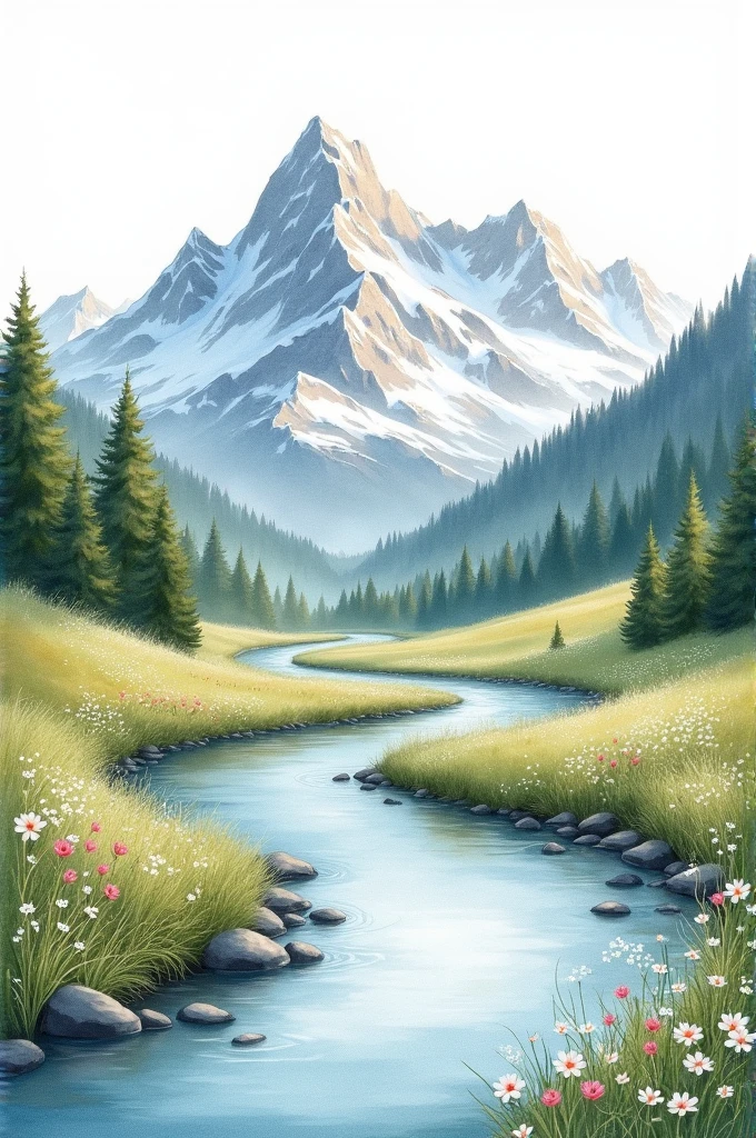 Watercolor painting of a snowy mountain with a flowing river and flowers.