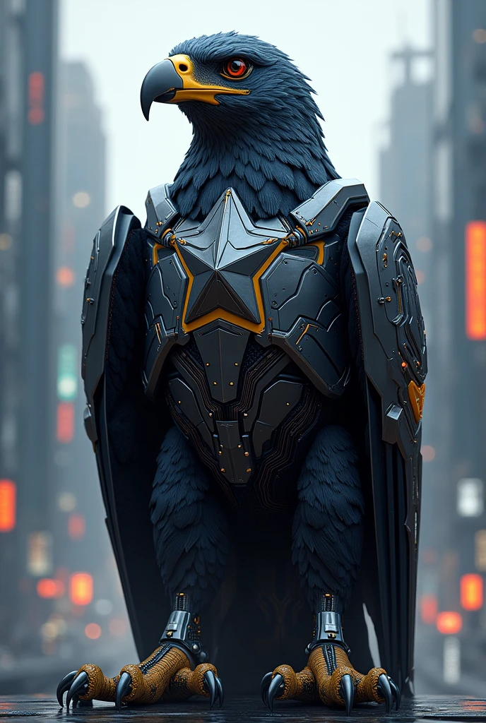 An cyber guard eagle standing of the rank of the army with 5 stars and cyber city background
