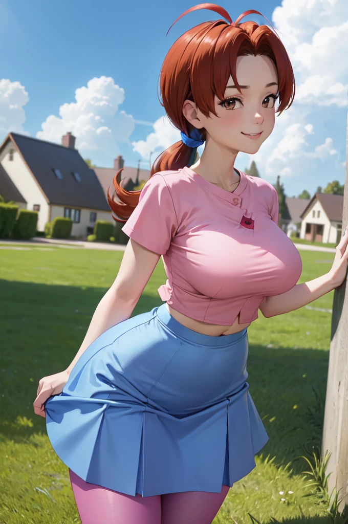 masterpiece, best quality, pkmnDelia, ponytail, pink shirt, ((microo-blue skirt)), pantyhose,smile, upper body, large breasts, house, blue sky, clouds, lawn, looking at viewer,ponytail, pink shirt, blue skirt,full body,((wide hips))