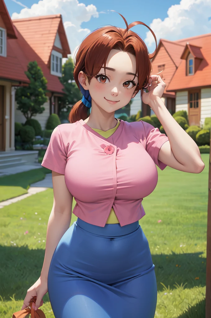 masterpiece, best quality, pkmnDelia, ponytail, pink shirt, ((microo-blue skirt)), pantyhose,smile, upper body, large breasts, house, blue sky, clouds, lawn, looking at viewer,ponytail, pink shirt, blue skirt,full body,((wide hips))