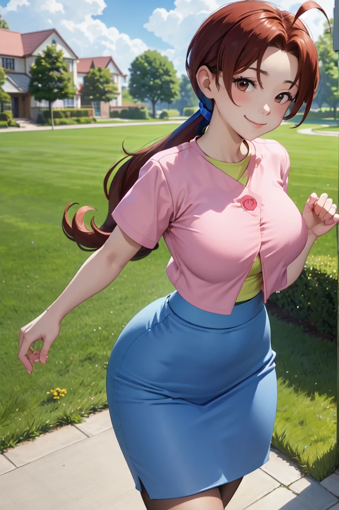 masterpiece, best quality, pkmnDelia, ponytail, pink shirt, ((microo-blue skirt)), pantyhose,smile, upper body, large breasts, house, blue sky, clouds, lawn, looking at viewer,ponytail, pink shirt, blue skirt,full body,((wide hips))