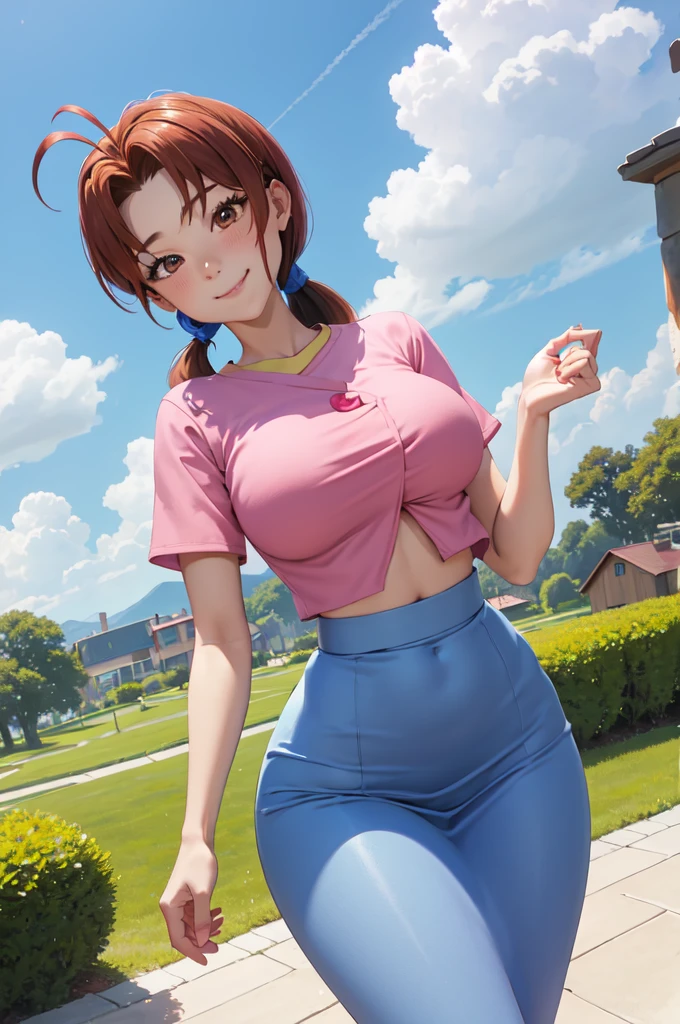 masterpiece, best quality, pkmnDelia, ponytail, pink shirt, ((microo-blue skirt)), pantyhose,smile, upper body, large breasts, house, blue sky, clouds, lawn, looking at viewer,ponytail, pink shirt, blue skirt,full body,((wide hips))