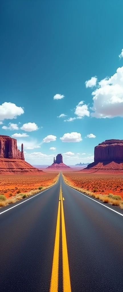 A stunning and vibrant image of a long, straight road in the middle of a vast, arid desert landscape, extending towards towering red rock formations and mesas under a bright blue sky with scattered white clouds. The road is well-paved with yellow dashed lines in the center and stretches out towards the horizon, drawing the viewer's eye towards the distant rock formations. The surrounding desert is a mix of red earth, scattered bushes, and dry grasses, creating a contrast with the intense blue of the sky. The image captures the vastness and beauty of the open road in a desert environment, ((Realistic)), 16k , vivid, HDR