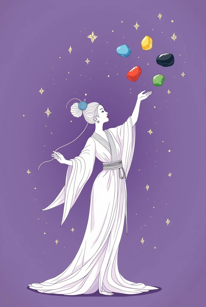 Design a modern minimalist logo featuring Nuwa mending the sky, including the five-colored stones.
Delicate lines to illustrate Nuwa's elegance, determination, and wisdom.
Color scheme with a purple background and details in yellow, blue, red, green, and black for the five-colored stones.
The design should be lively and interesting, reflecting the vitality and dynamics of Nuwa repairing the sky.white backgroud