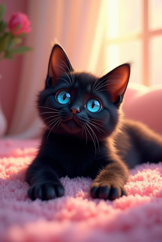 Fluffy cat,Playful,Curious,Bright Blue Eyes,Soft black fur,Whiskers twitching,Stretching in the sun,Cat grace and elegance,(Highest quality,4K,High resolution),Vibrant colors,lively and energetic,dream-like、Whimsical,Subtle pastel colors,Soft lighting,