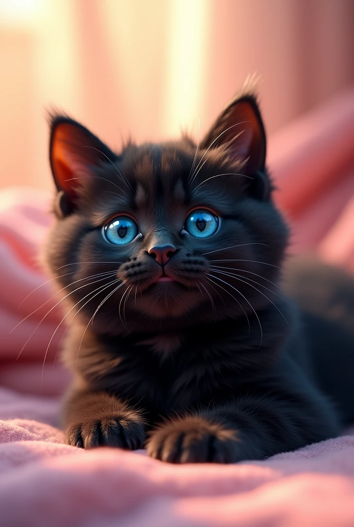 Fluffy cat,Playful,Curious,Bright Blue Eyes,Soft black fur,Whiskers twitching,Stretching in the sun,Cat grace and elegance,(Highest quality,4K,High resolution),Vibrant colors,lively and energetic,dream-like、Whimsical,Subtle pastel colors,Soft lighting,