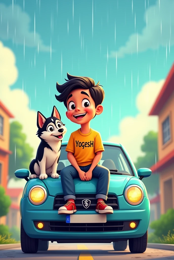 1 boy sit on the car and enjoy rain his name is yogesh write the t shirt and his hand 1 dog name is husky, his sit boy side 2d cartoon