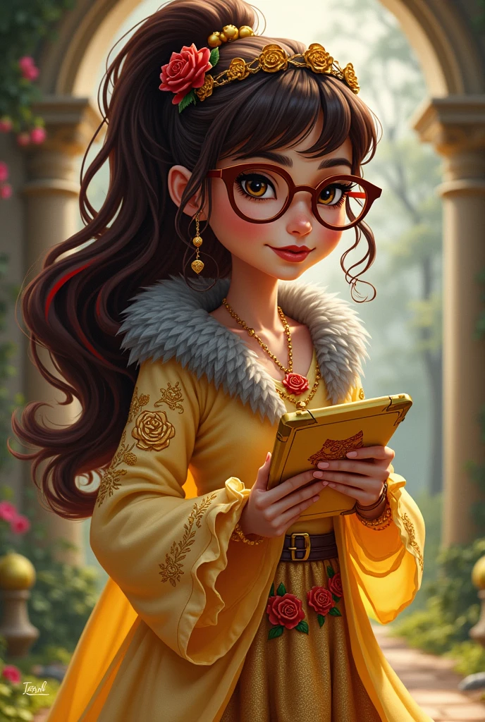 Imagem da filha da Ramona Badwof e da Rosabella Beauty de Ever After High: You must have long curly brown hair with bangs and dark red highlights., loose ponytail, Light brown skin, brown glasses with a red rose, Light yellow long blouse with rose designs, golden skirt with golden roses, a faux fur collar around the neck of gray color, brown high heel boots with roses, golden flower tiara on her head and a yellow tablet with a red rose on her arms and a golden wolf pendant