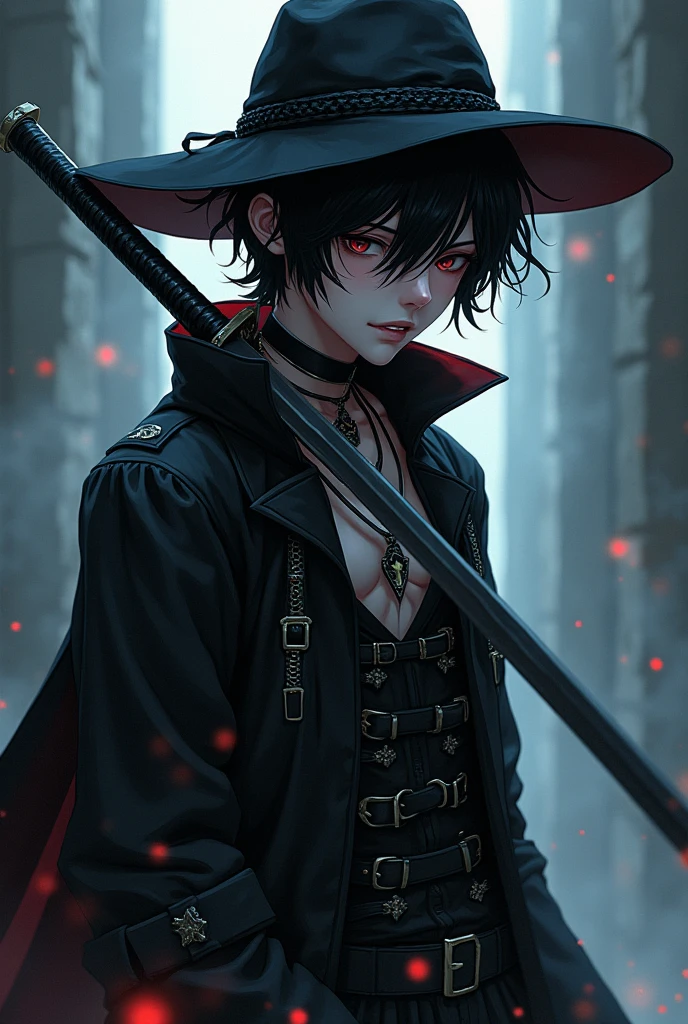 Teenage gothic man with a hat and a katana in his hand, anime style