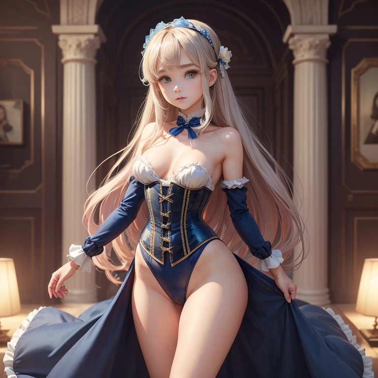 ((4k、8k、highest quality、perfect fingers: 1.3、perfect anatomy: 1.3、background blur:1.1))、(conversion sequence)、((beautiful slender girl、blushing and confused、Cute big droopy eyes、Two side up straight long hair、 girl、small breasts))、((blue butler suit leotard、long sleeve、corset、luxuriously decorated headband))、(High leg)、Are standing、full body description、wide shot、Inside the aristocratic hall、