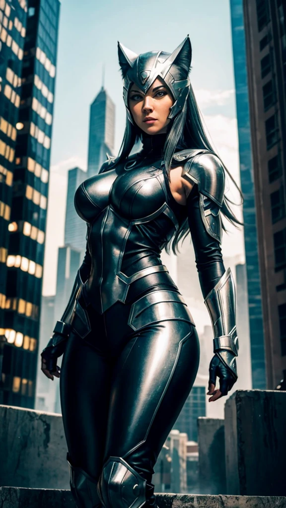 A female super hero in wolf cyborg costume fighting with a giant , Super powers  , City background , hot revealing costume 