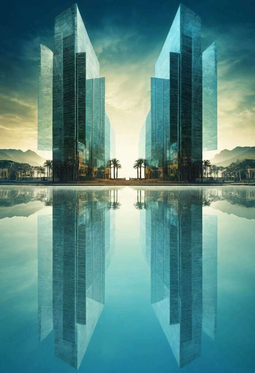 photoillustration of double exposure of split  vertically oftwo different tones paradox world, half futuristic civilization, half primitive civilization, (transparency effect:0.5), symmetrical vertical cut ((vertical half cut:1.5))seamless split, texture and pattern, ((transparency effect:0.5)), iconic scenery stance, (detailed:1.5) wrapped around blue-smoke, dramatic shadows, dramatic lights, interlacing elements, fantasy art, two tones, two basic_tones, very_long horizons, opposite-opponent digital manipulated photo art, hyper-realistic, ultra-detailed, crisp clarity, high-contrast, overexposure, luminous ambiance, rich textures, intricate patterns, vivid colors, cinematic lighting, photorealistic, a man standing exact in the middle, accurate dimension proportions.