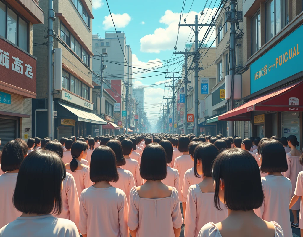 (((((Japanese Clone girls=Myself)))))), (((best masterpiece Clone girls Raw Photography Art))), (16K, Highest quality, Ultra-high resolution, RAW Photos), (((Unrealistic, Unparalleled depiction, An unbelievable sight, Unprecedented and shocking, In a world where myselves are multiplied, Ultra-realistic))), (((Japanese, woman, 26yo, Sasaki Nozomi))), (Small face, ((Thick black hair, Semi-long hair))), ((V-neck short-sleeve dress)), (((((Very beautiful detailed girls, Accurate body structure, Very detailed完璧な, A super busty body with very large breasts, Great proportions, super big breasts, Big, voluptuous breasts, The cleavage is very plump and emphasized))))), (((Dark Eyes, Mature face, Cute Smile, A gentle gaze, ((Very happy laughter))))), ((((((((Very detailedcloning描写, ((1Myself→cloning→1,000,000,000,000,000,000,000,000Myself)))))))))), ((((((((Very detailed, 寸分違いない緻密なMyself multiplication描写の, ((With the same perfectly MySelf body, With a face that is exactly the same as Myself, With the exact same hairstyle as Myself, In the exact same clothes as Myself, Perfectly the same height as Myself, The same super big breasts as Myself)))))))))), (((Myself only))), (((Very detailed, Myself multiplication, 1,000,000,000,000,000,000,000,000Myself→100,000,000,000,000,000,000,000,000,000,000,000,000,000,000Myself))), (((Walk freely))), (((Very detailed, (An embrace between self, Back to Back, Myself is here!, Fun conversation with others, Happy conversation with myself, Kissing each other anywhere, Doting on Myself, Myself holding hands)))), (Free pose), (Sexual seduction), (((Unbelievably crowded, Close contact between transcendent selves, Countless "myselves" completely surround me in 360 degrees))), (Bright and soft sunlight), (((Very wide field of view, Very detailed, Detailed ultra-perspective depiction with clear depth))), (((((A city with slopes))))), (((Countless "myselves" fill the city's main streets and scramble intersections.))), (((Myself will grow infinitely more and become super close together with no gaps, Myself is extended々They multiply in large numbers and spill out of the building's entrances and underground exits into the street, making it impossible to move., Myself exists infinitely and it's fun))), (Focus on the center of the group)