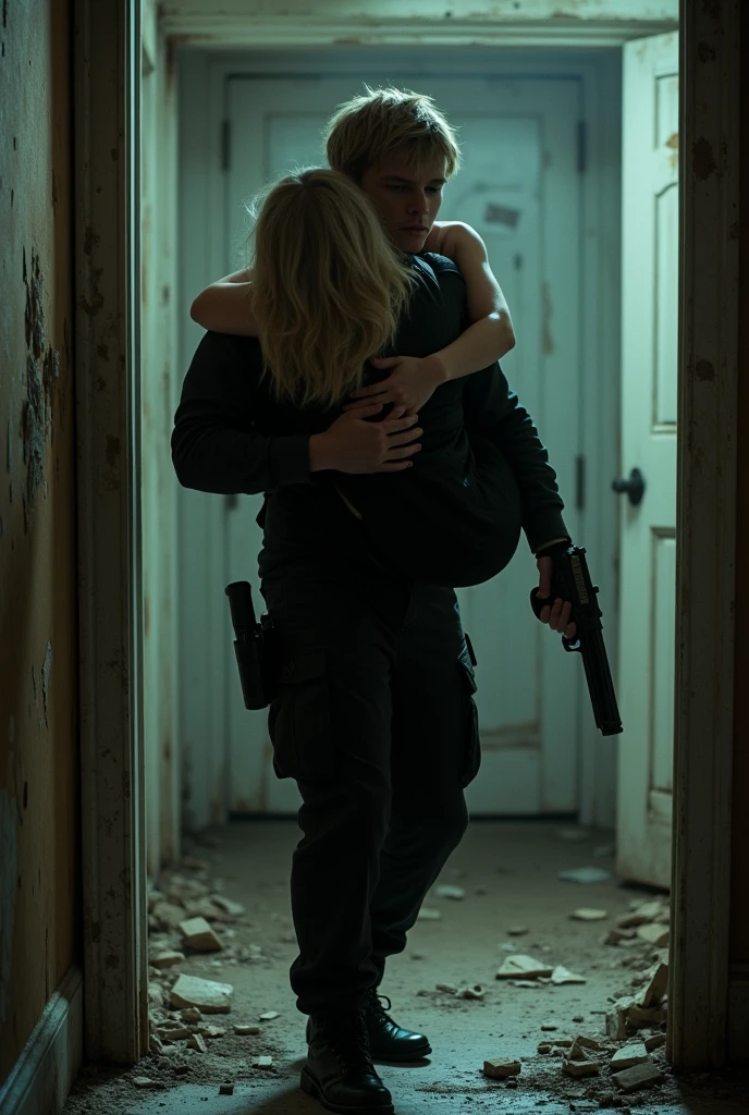 (ultra realisitic) Leon Scott Kennedy salvando a Ashley (in an abandoned house) (blondie hair) (black military clothing) (handgun)( Youngh) 