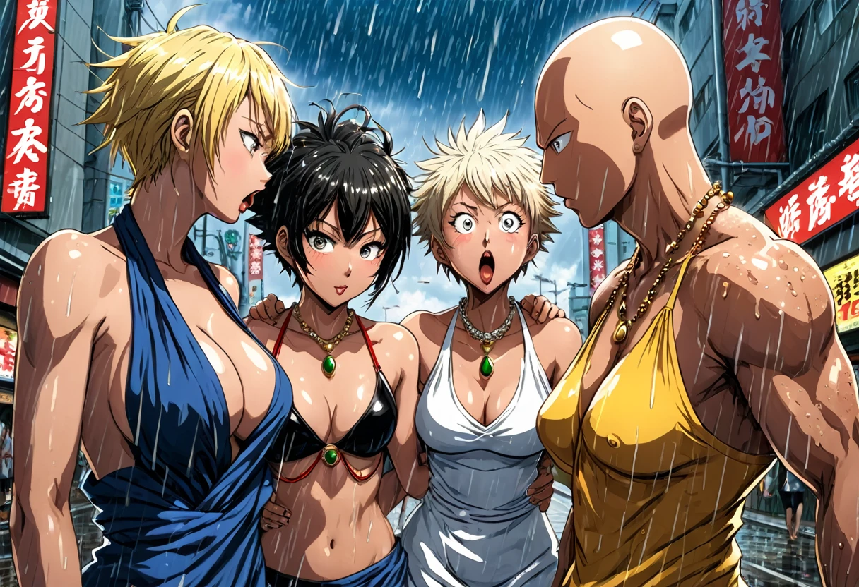 Three gorgeous women (varied height, varied weight, varied race, wearing a towel or less, crazy hairdo, crazy jewelry, tend towards fit and hourglass figure) they are celebrating being alive (kissing and flirting) wit Saitama (one punch man) who has a confused look on his face and is covered in gore as it rains down from the sky from his last kaiju battle. streets of Tokyo
