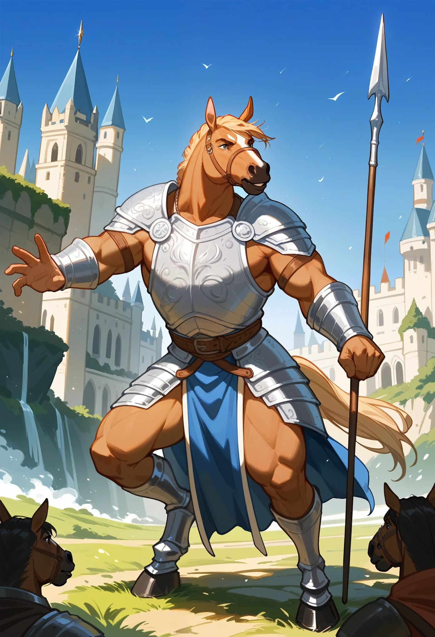 rating_safe, score_9, score_8_up, score_7_up, score_6_up, score_5_up, score_4_up, hires, source_furry, Castle, absurdres, Perfect Anatomy, Beastman, Solo Focus, horse Anthro, Gatekeeper, Armor, Spear, Medieval Warrior(Dense and Detailed Muscles)Full Body, Fighting Pose, 