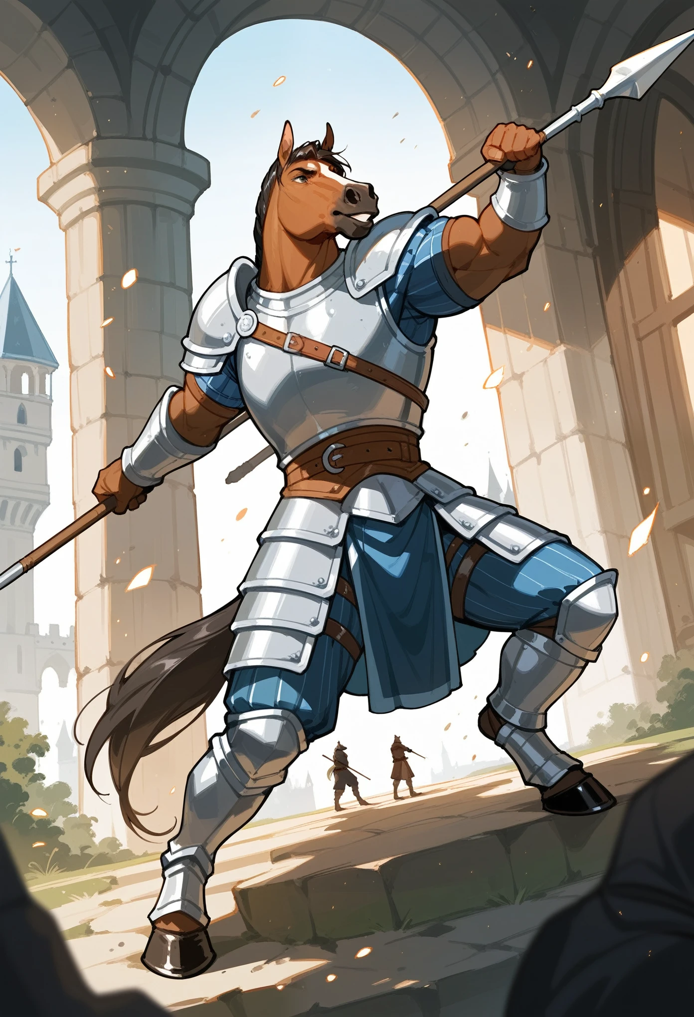 rating_safe, score_9, score_8_up, score_7_up, score_6_up, score_5_up, score_4_up, hires, source_furry, Castle, absurdres, Perfect Anatomy, Beastman, Solo Focus, horse Anthro, Gatekeeper, Armor, Spear, Medieval Warrior(Dense and Detailed Muscles)Full Body, Fighting Pose,