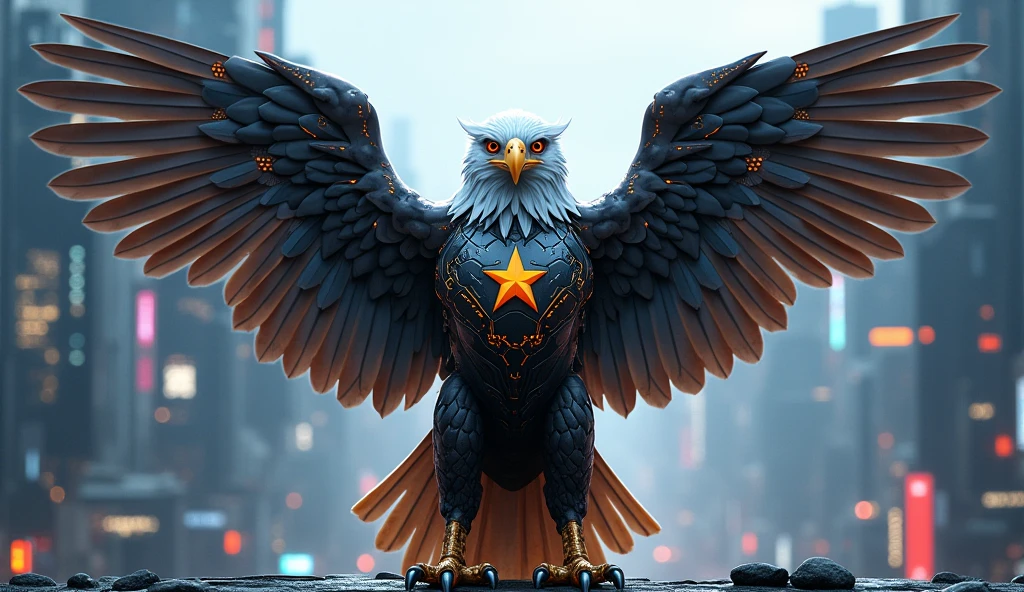 An cyber guard eagle standing  of the rank of the army with 5 stars and cyber city background