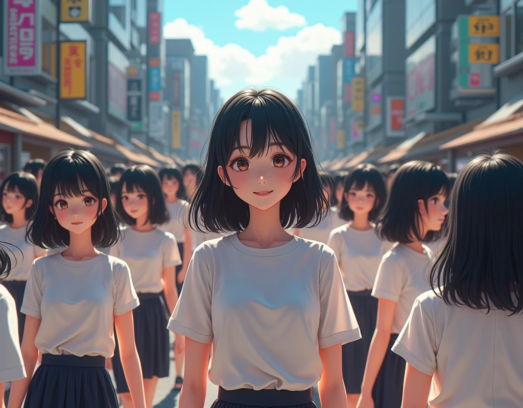 (((((Japanese Clone girls=Myself)))))), (((best masterpiece Clone girls Raw Photography Art))), (16K, Highest quality, Ultra-high resolution, RAW Photos), (((Unrealistic, Unparalleled depiction, An unbelievable sight, Unprecedented and shocking, In a world where myselves are multiplied, Ultra-realistic))), (((Japanese, woman, 26yo, Sasaki Nozomi))), (Small face, ((Thick black hair, Semi-long hair))), ((V-neck short-sleeve dress)), (((((Very beautiful detailed girls, Accurate body structure, Very detailed完璧な, A super busty body with very large breasts, Great proportions, super big breasts, Big, voluptuous breasts, The cleavage is very plump and emphasized))))), (((Dark Eyes, Mature face, Cute Smile, A gentle gaze, ((Very happy laughter))))), ((((((((Very detailedcloning描写, ((1Myself→cloning→1,000,000,000,000,000,000,000,000Myself)))))))))), ((((((((Very detailed, 寸分違いない緻密なMyself multiplication描写の, ((With the same perfectly MySelf body, With a face that is exactly the same as Myself, With the exact same hairstyle as Myself, In the exact same clothes as Myself, Perfectly the same height as Myself, The same super big breasts as Myself)))))))))), (((Myself only))), (((Very detailed, Myself multiplication, 1,000,000,000,000,000,000,000,000Myself→100,000,000,000,000,000,000,000,000,000,000,000,000,000,000Myself))), (((Walk freely))), (((Very detailed, (An embrace between self, Back to Back, Myself is here!, Fun conversation with others, Happy conversation with myself, Kissing each other anywhere, Doting on Myself, Myself holding hands)))), (Free pose), (Sexual seduction), (((Unbelievably crowded, Close contact between transcendent selves, Countless "myselves" completely surround me in 360 degrees))), (Bright and soft sunlight), (((Very wide field of view, Very detailed, Detailed ultra-perspective depiction with clear depth))), (((((A city with slopes))))), (((Countless "myselves" fill the city's main streets and scramble intersections.))), (((Myself will grow infinitely more and become super close together with no gaps, Myself is extended々They multiply in large numbers and spill out of the building's entrances and underground exits into the street, making it impossible to move., Myself exists infinitely and it's fun))), (Focus on the center of the group)