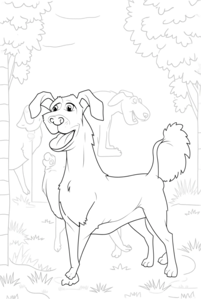 Create black and white illustration of dogs for kids colouring book 