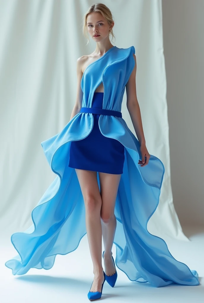Create a short dress that you wear around yourself (type a coiled snake, but not in the form of a snake but wide sky-blue waves) which starts from the bottom and expands to the top ending at the bust area (its end would be the neckline, I mean, esta misma ondulación sería el pecho of the dress) of the dress, The dress would be lower in blue than the sky blue and would have a horizontal cut in the middle up to the waist area., Behind it will be a whitish transparent fabric